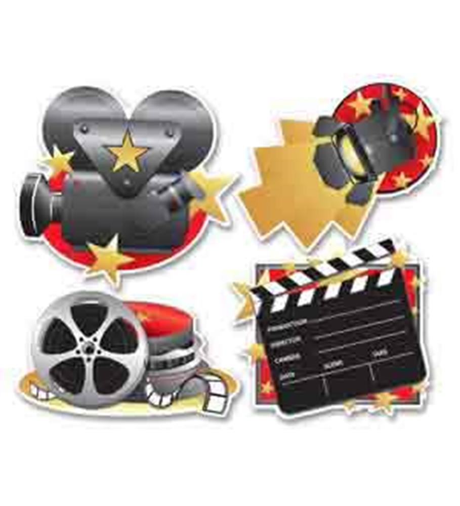 Set of four colorful movie-themed cutouts including a black vintage film camera with gold stars, a gold spotlight with red.