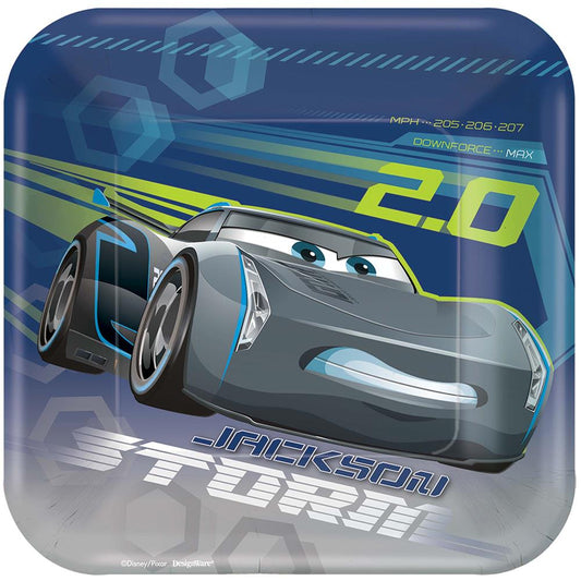 Square 7-inch Cars 3 plate featuring gray racecar Jackson Storm with blue and yellow accents.