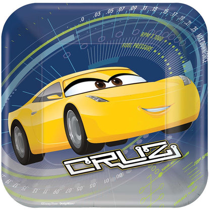 Square 7-inch plate with yellow car Cruz from Disney Pixar Cars 3 on blue background with racing graphics.