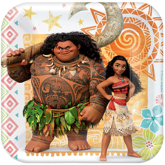 Square 7-inch paper plate with Moana and Maui on colorful tropical background.