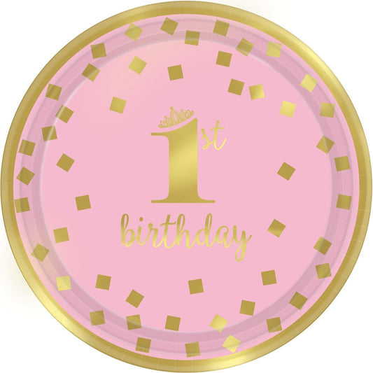 1st Happy Birthday Girl Metallic Round Plates 7 inch 8ct