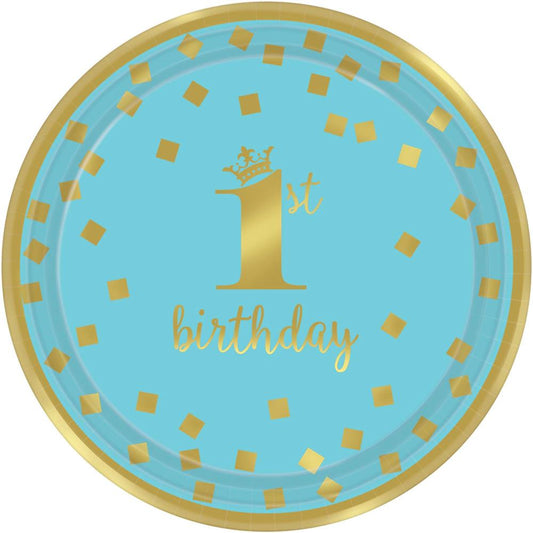 Gold 1st Birthday Plate 7in 8ct Blue