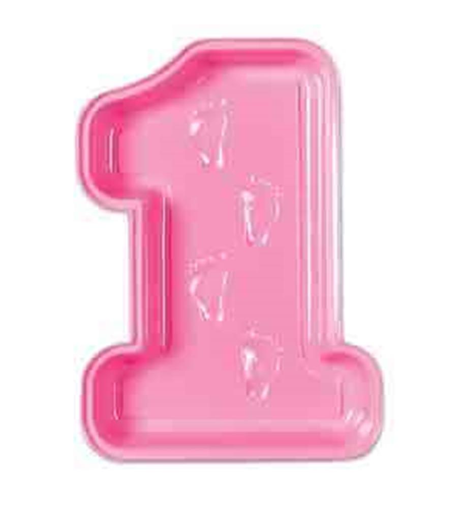Pink plastic tray shaped like the number 1 with embossed heart details, designed for a girl's 1st birthday.