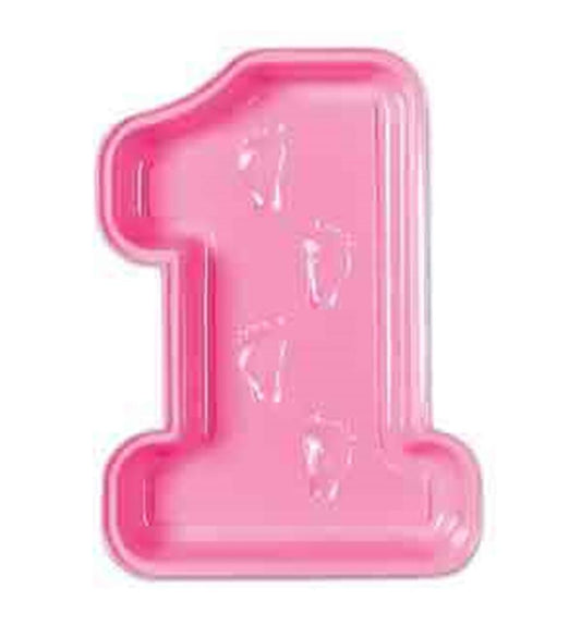 Pink plastic tray shaped like the number 1 with embossed heart details, designed for a girl's 1st birthday.