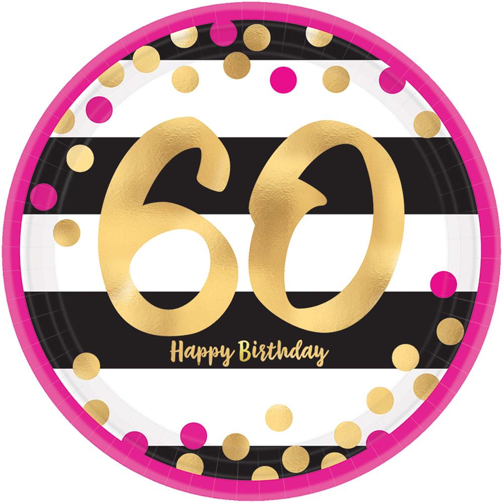 Round pink-gold metallic plate with black and white stripes, gold "60" and polka dots, "Happy Birthday" text.