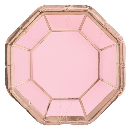 Pink metallic octagonal plate with gold trim, 7-inch size, set of 8.