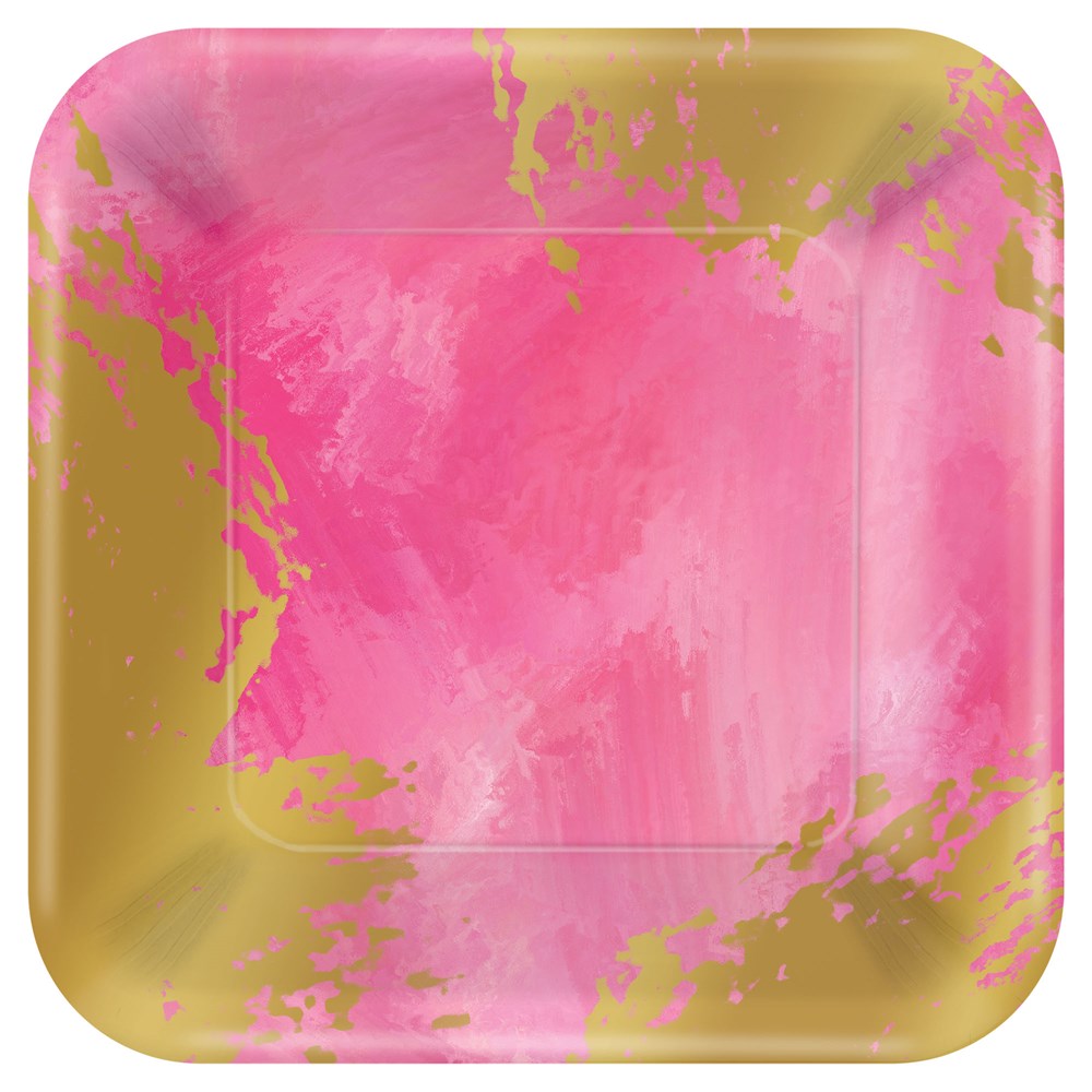 Small square plate with pink brushstroke design and metallic gold accents.