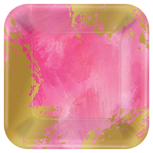 Small square plate with pink brushstroke design and metallic gold accents.