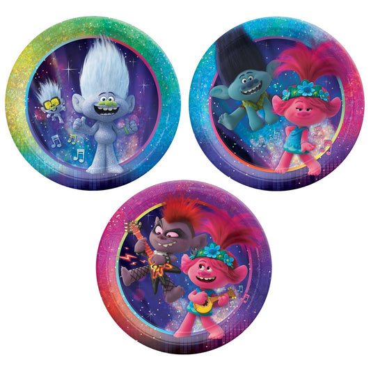 Trolls World Tour 7in platos redondos surtidos prismáticos 8ct