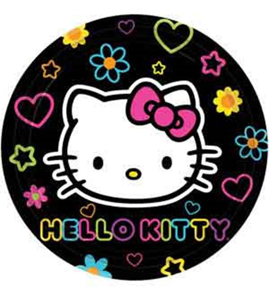 Round black plate featuring Hello Kitty’s white face with pink bow, surrounded by colorful hearts and flowers, with "HELLO.