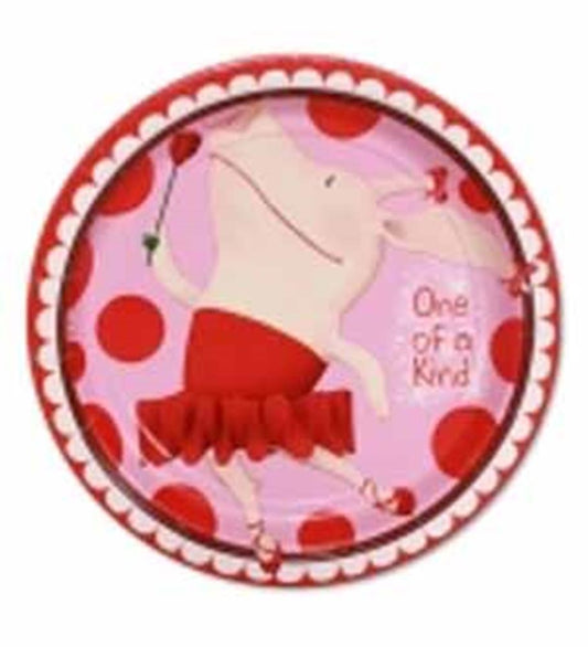 Round pink plate with a dancing elephant wearing a red tutu and "One of a Kind" text, decorated with red polka dots and.