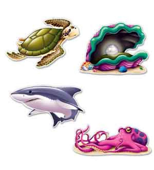 Colorful luau-themed cardboard cutouts featuring a green sea turtle, purple shark, pink octopus, and an open clam shell with