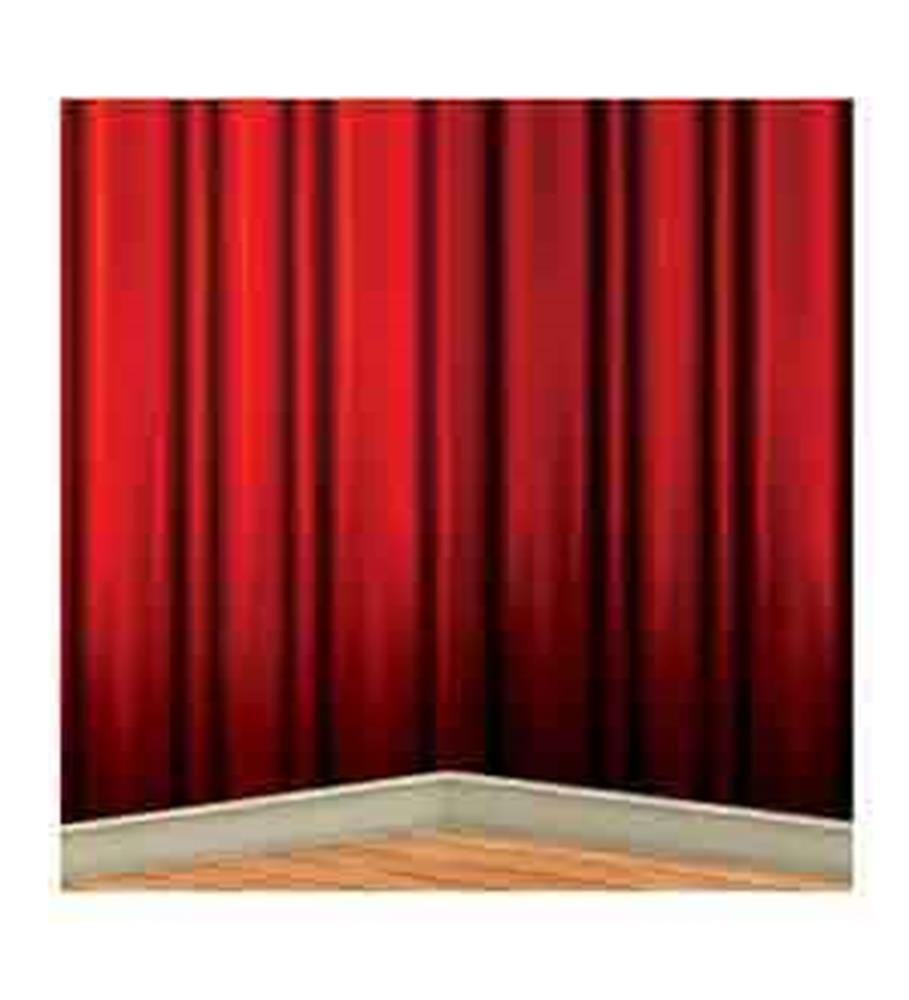 Rich red fabric curtain backdrop with vertical folds set against a light-colored floor.