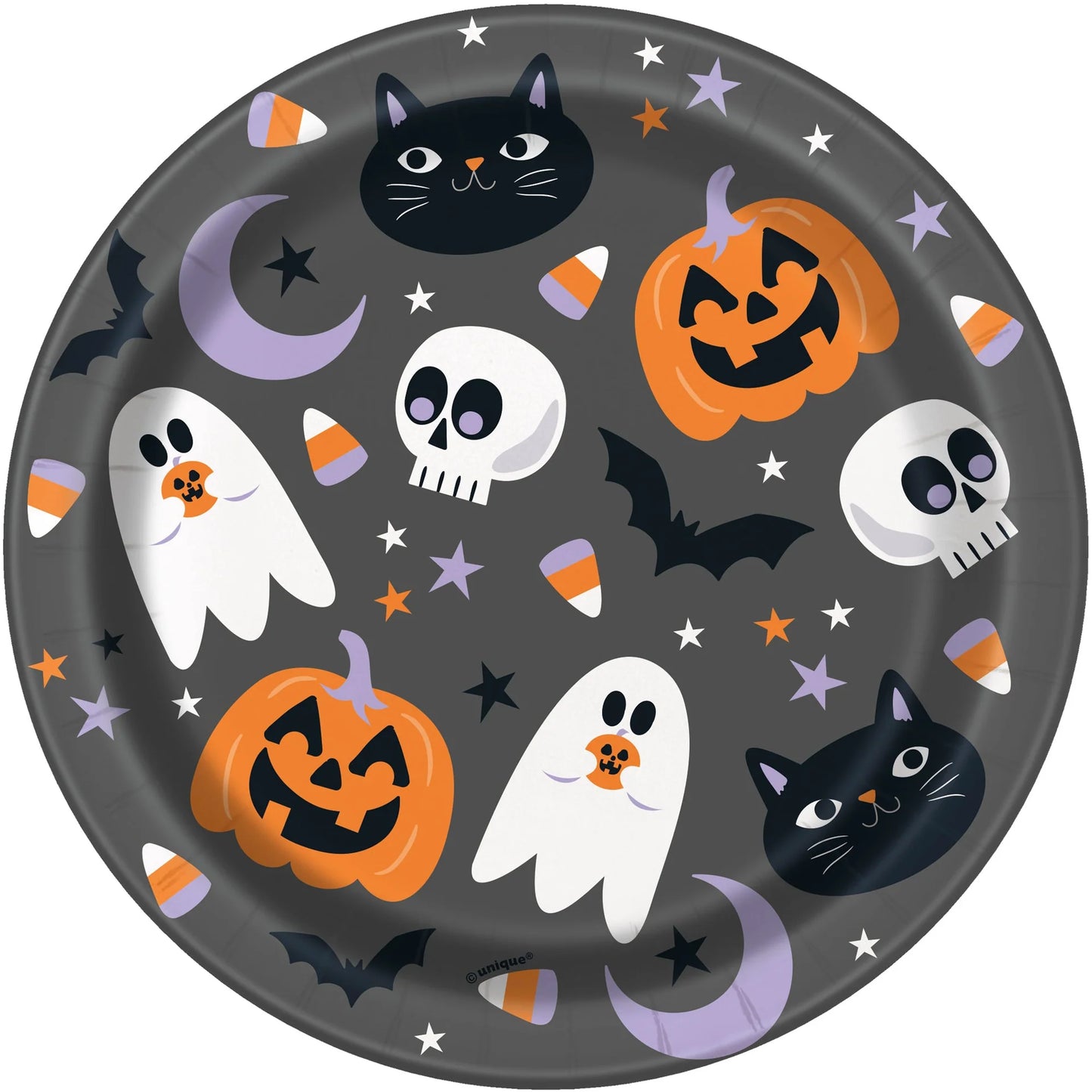 Round 7-inch paper plate with black background featuring smiling pumpkins, black cats, ghosts, skulls, bats, crescent moons,