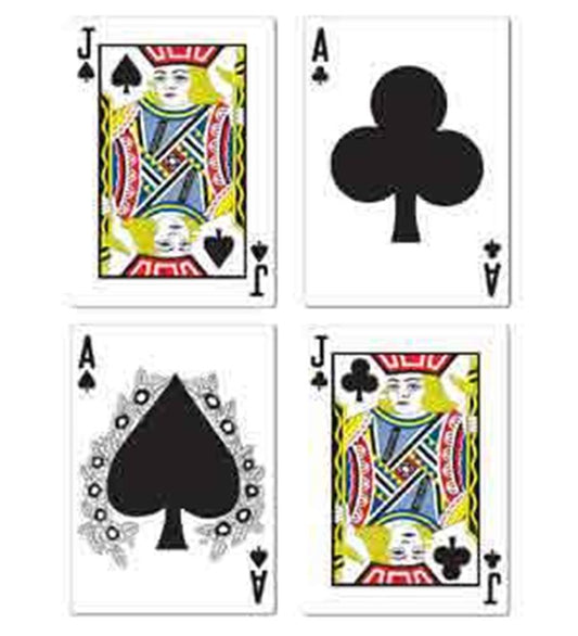 Casino-themed playing card cutouts featuring Jack of Spades, Ace of Clubs, Ace of Spades with decorative design, and Jack of .
