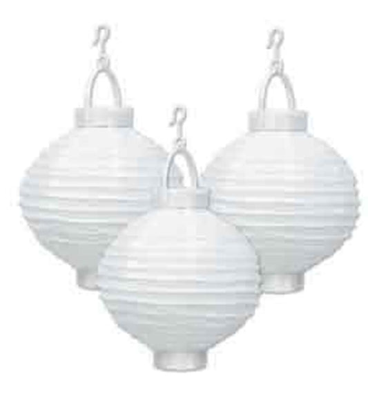 Three white spherical paper lanterns with ribbed texture and hooks for hanging.