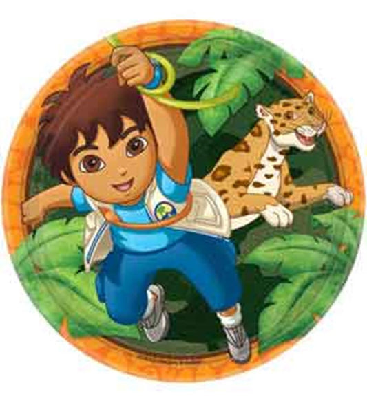 Round colorful paper plate featuring Diego swinging from a vine with a jaguar in a jungle background.