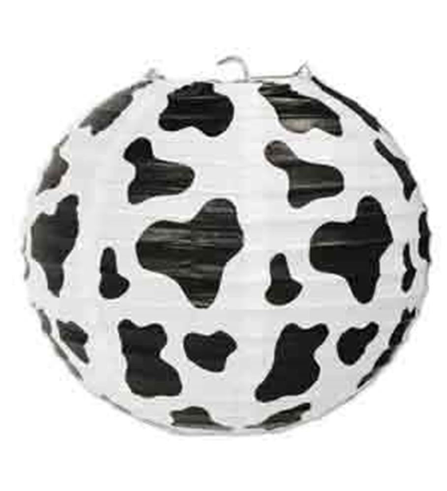 Round white paper lantern with black cow print spots and a hanging loop on top.