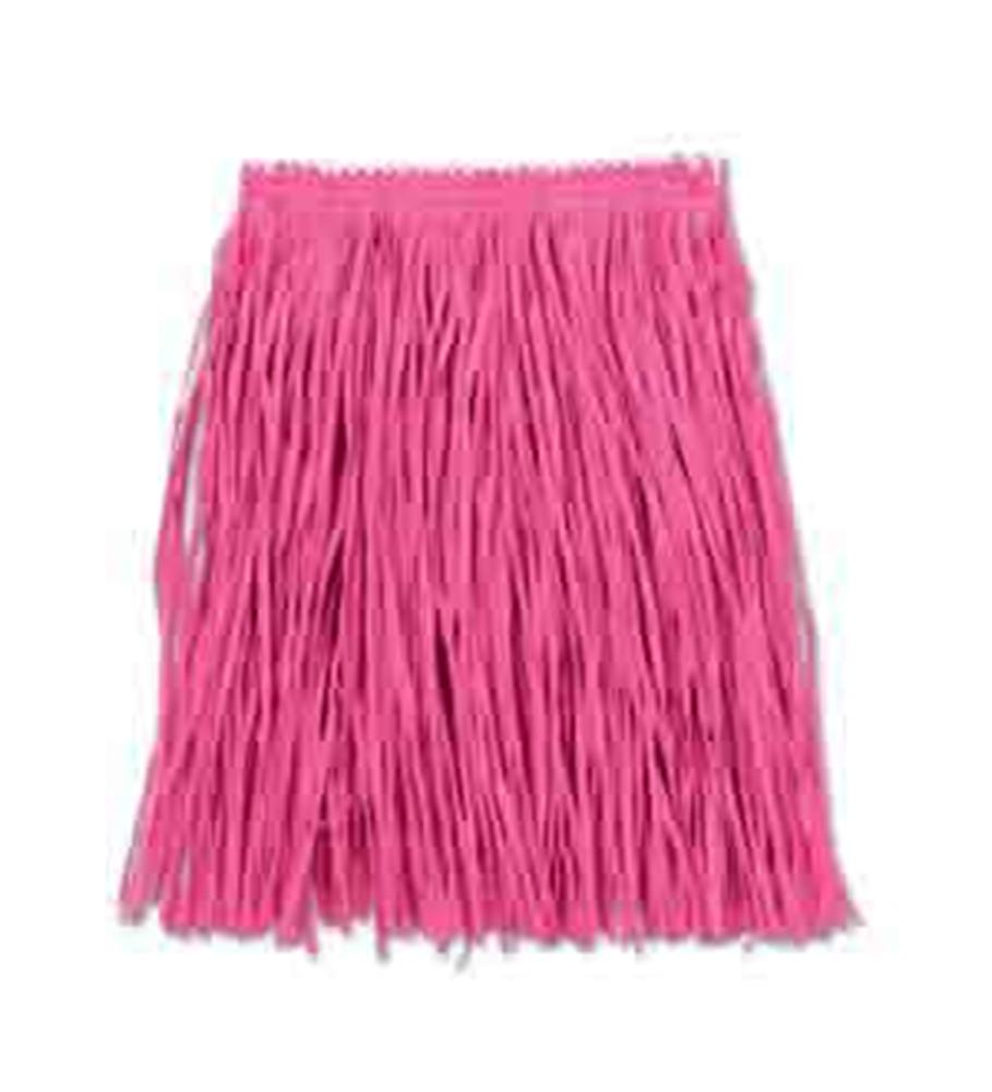 Bright pink mini hula skirt with long, thin synthetic grass strands and elastic waistband.