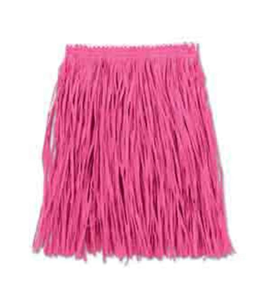 Bright pink mini hula skirt with long, thin synthetic grass strands and elastic waistband.