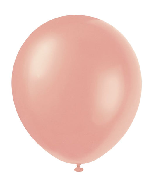 Pearlized rose gold latex balloon inflated to 12 inches with smooth surface and glossy finish.