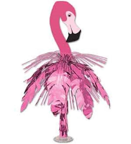 Pink flamingo centerpiece with metallic pink fringe and feather accents on a base.
