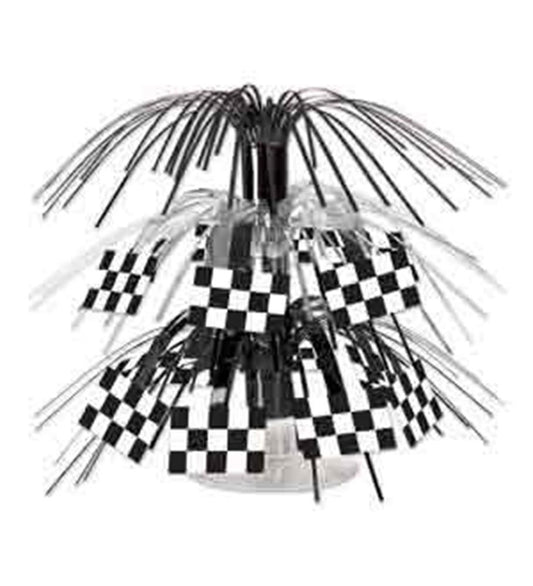 Black and white checkered flag centerpiece with cascading metallic black and silver strands.