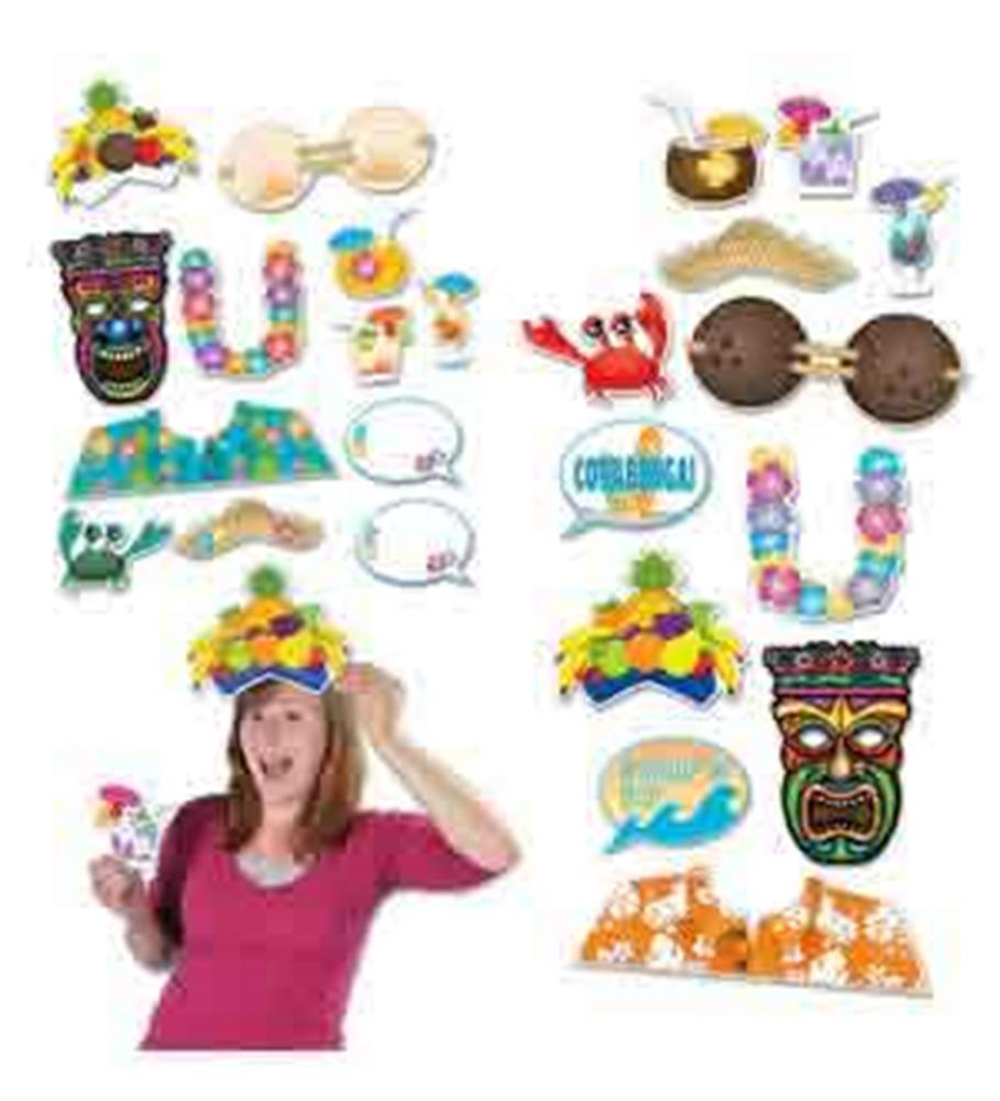 Twelve colorful luau-themed photo props including tiki masks, tropical drinks, sunglasses, leis, crab, coconut cups, and a.