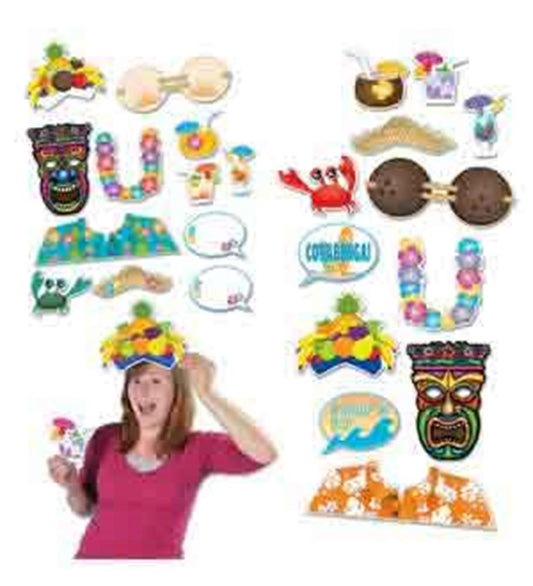 Twelve colorful luau-themed photo props including tiki masks, tropical drinks, sunglasses, leis, crab, coconut cups, and a.