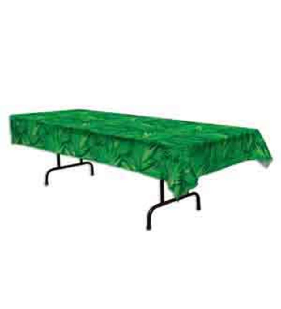 Green plastic tablecover with palm leaf pattern, rectangular shape, designed for party tables.