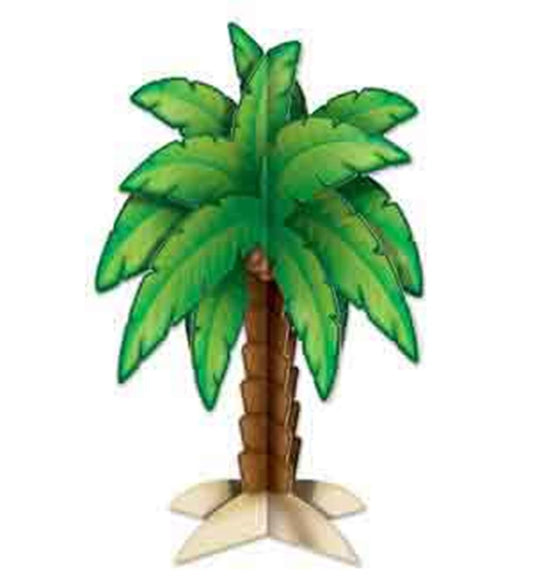 Green palm tree centerpiece with layered leaves and a brown segmented trunk on a beige star-shaped base.