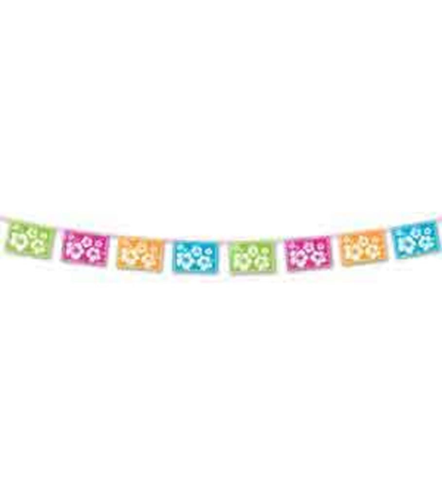 Colorful rectangular pennant banner with white hibiscus flower designs on pink, orange, green, and blue flags.