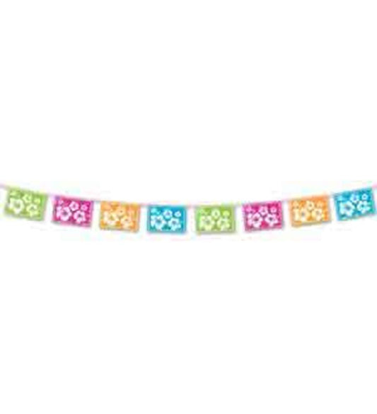 Colorful rectangular pennant banner with white hibiscus flower designs on pink, orange, green, and blue flags.