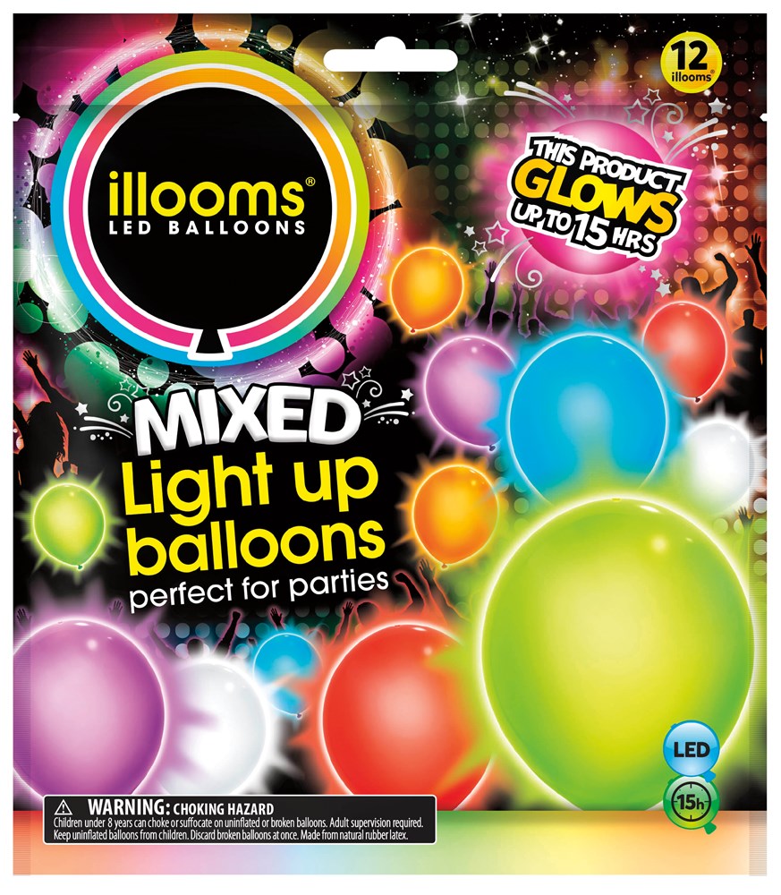 Colorful 9-inch LED light-up balloons in mixed colors, 12-count party pack.