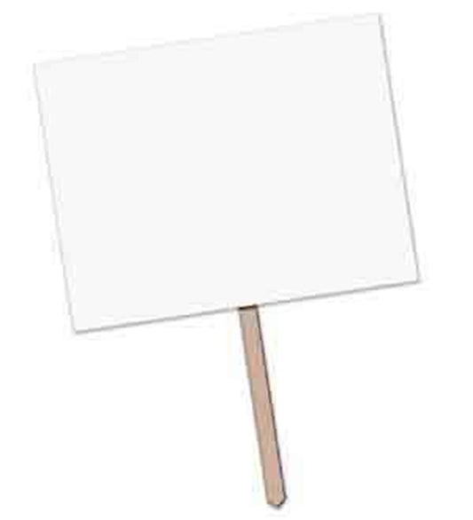 Blank white rectangular yard sign with wooden handle stick on white background.