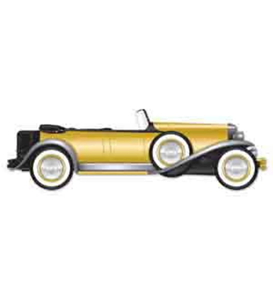 Yellow and black vintage 1920s-style jointed roadster toy car with whitewall tires and convertible roof.