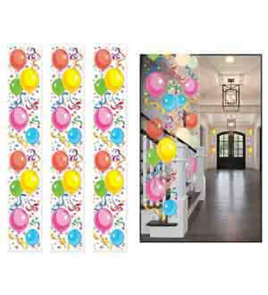 Colorful vertical party panels featuring clusters of balloons in pink, yellow, orange, and blue on a white background with.