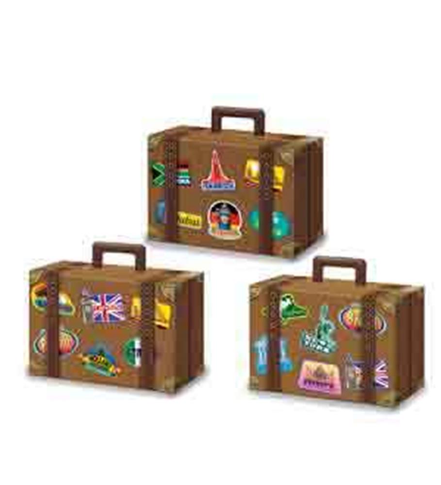 Brown vintage-style luggage favor boxes decorated with colorful travel-themed stickers and a top handle.
