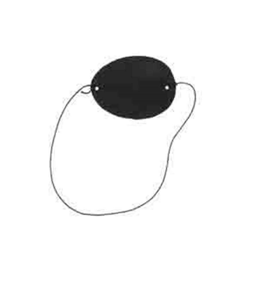 Black oval-shaped pirate eye patch with thin elastic strap for securing around the head.