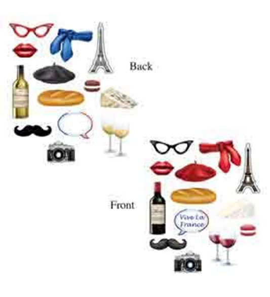 French-themed photo booth props including red lips, mustache, wine bottle, Eiffel Tower, beret, camera, glasses, gloves,.