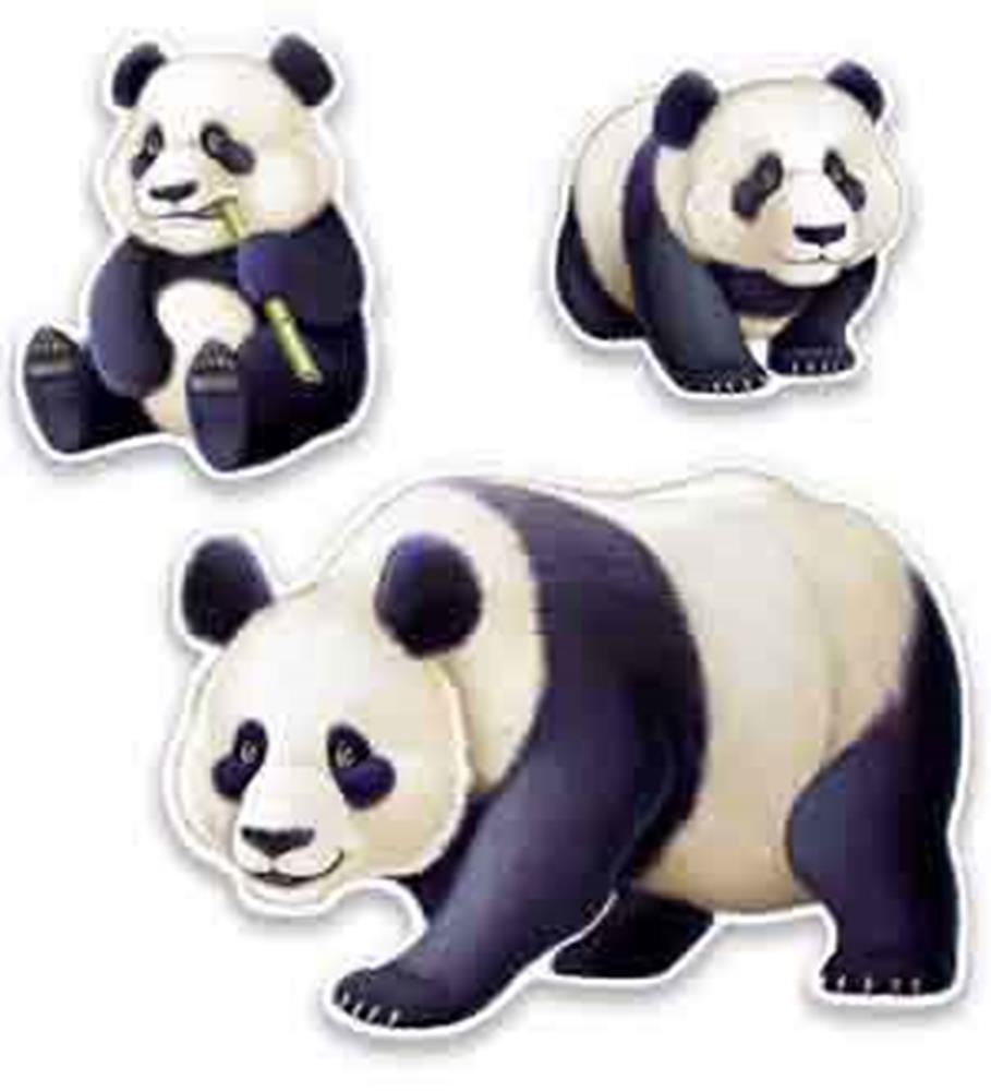 Three black and white panda cutouts in sitting, crawling, and walking poses with rounded shapes and detailed facial features.