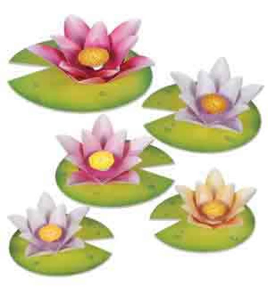 Set of five colorful paper water lilies with yellow centers on green lily pads in pink, white, and orange shades.