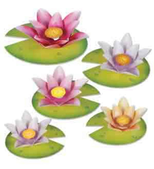 Set of five colorful paper water lilies with yellow centers on green lily pads in pink, white, and orange shades.