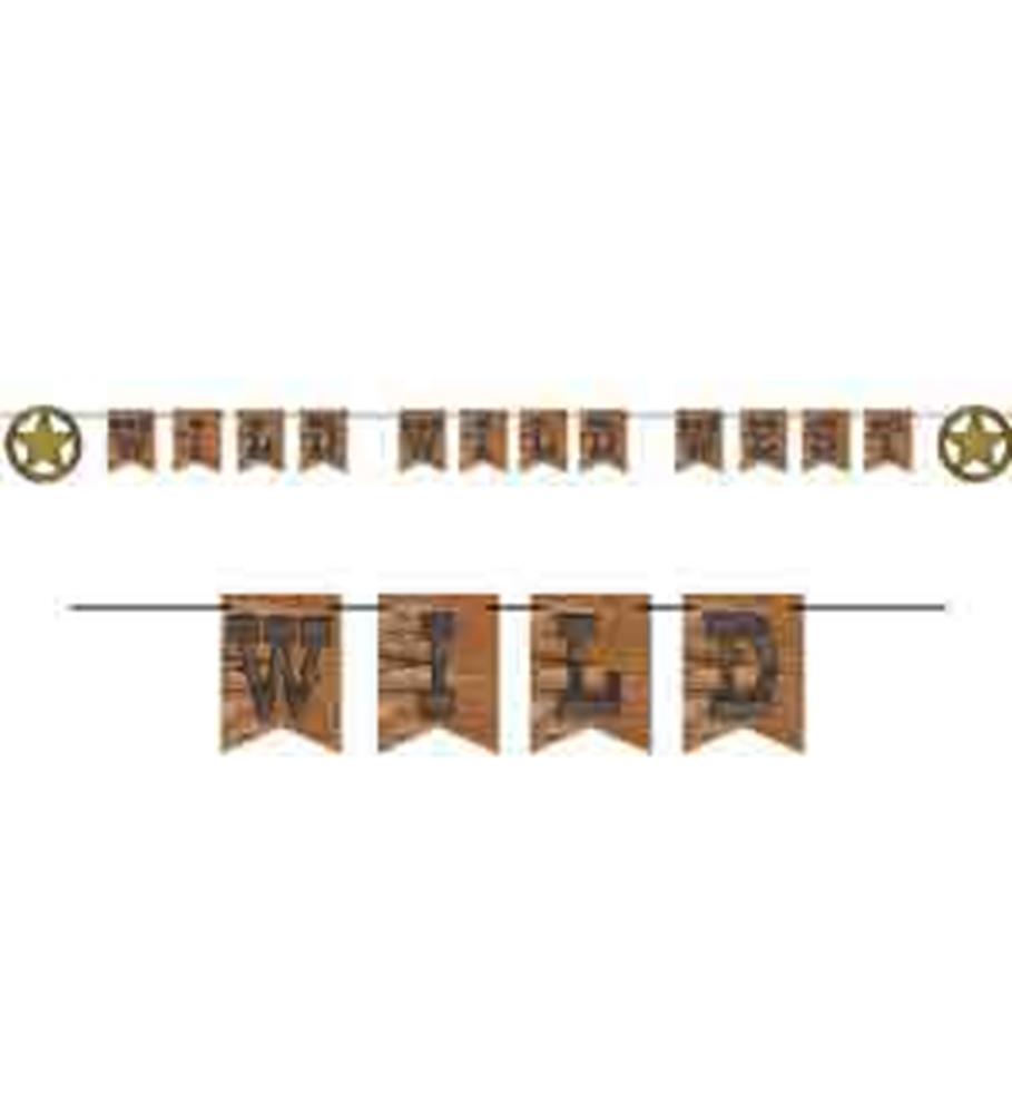 Brown rustic banner letters spelling "WILD" with sheriff badge accents on string.