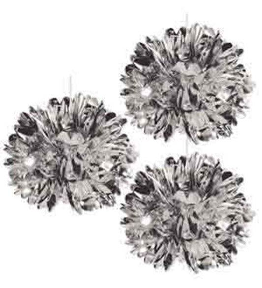 Three silver metallic fluff balls with reflective, spiky strands arranged in a cluster.