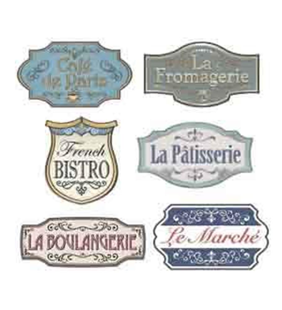 Set of five vintage-style French shop signs in pastel blues, creams, and browns with decorative borders and elegant.