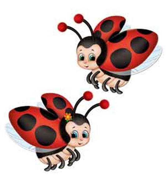 Two red and black spotted ladybug cutouts with smiling faces and antennae for kids' decorations.