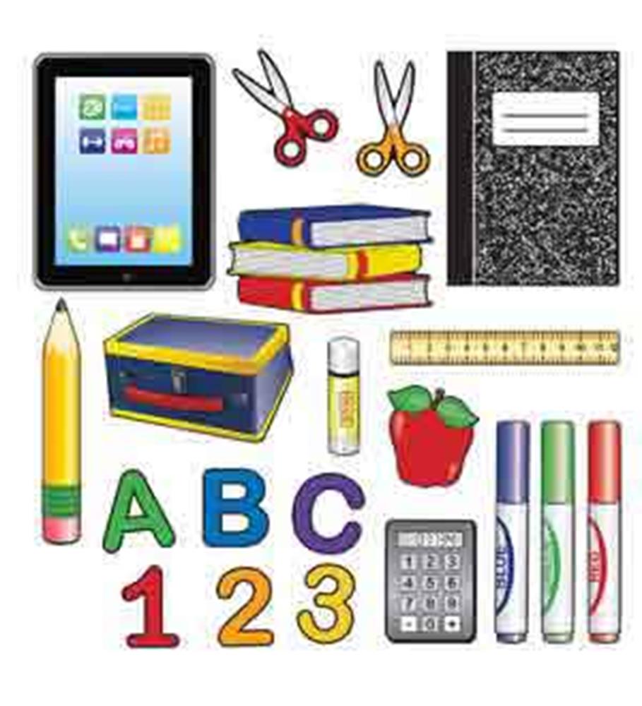 Colorful school-themed cutouts including a tablet, scissors, books, composition notebook, pencil, lunchbox, glue stick,.