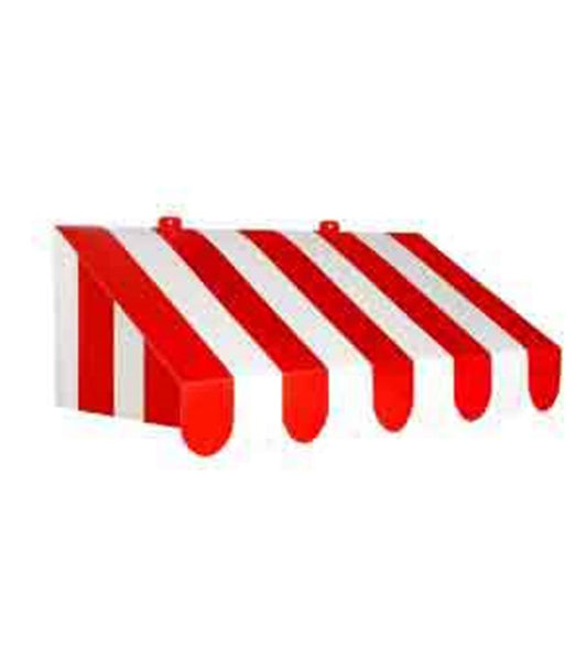 Red and white striped 3D awning wall decoration with curved edges.