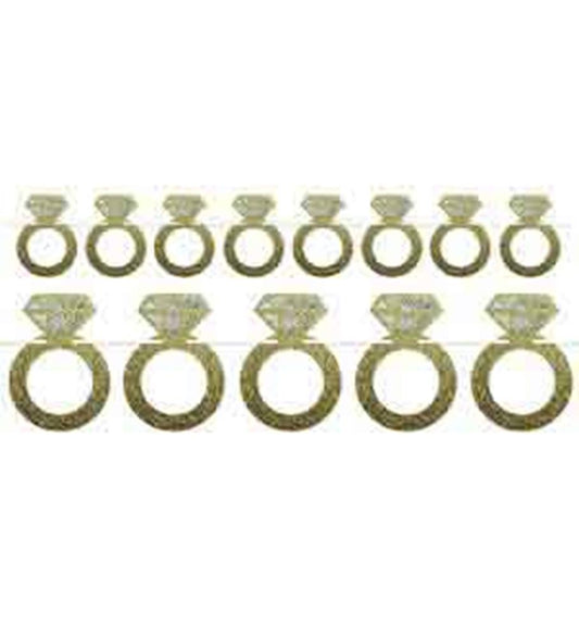 Gold foil diamond ring-shaped hanging streamers with sparkling facets, arranged in two rows.